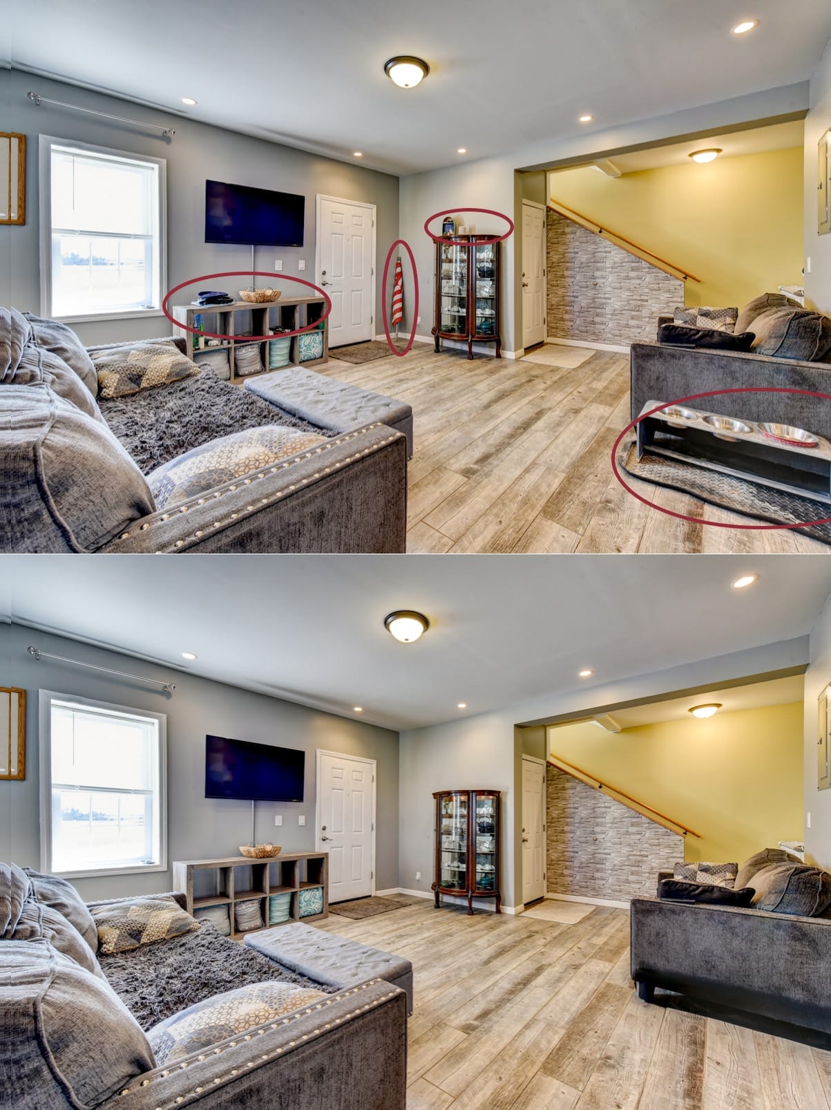 Before and after living room showing clutter removal and staging optimization for real estate photography